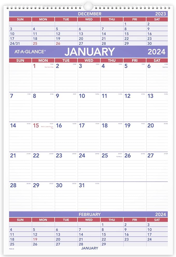 AT-A-GLANCE 2024 Wall Calendar, 15-1/2" x 22-3/4", Large, 3-Month, Wirebound (PM62824)