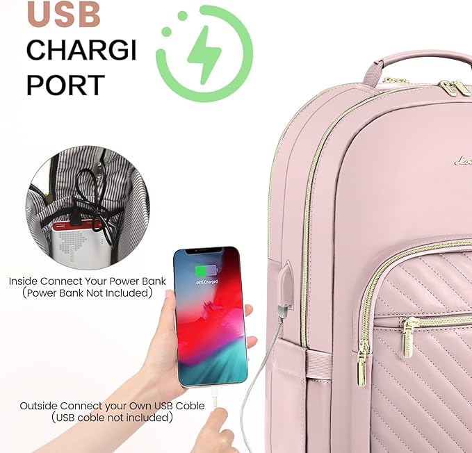 LOVEVOOK Leather Backpack for Women,15.6 inch Leather Laptop Backpack Women Computer Backpack Laptop Bag,Stylish Quilted Travel Backpack Purse Work Bag College Teacher Backpack with USB Port,Rose Pink