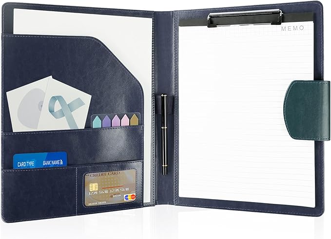 A4 Leather Padfolio Portfolio Organizer Binder,A4 Business Interview Legal Document Folder with Magnetic Closure Cover,Resume Folder with Luxury Papers,Sticky Tabs,Pen for Men Women(Navy Blue)