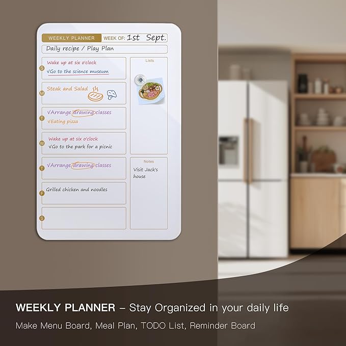 SELEAD Magnetic Glass Whiteboard Weekly Planner - 16”x24” Dry Erase Calendar White Board for Wall, Menu TODO Grocery List Board for Home Kitchen Restaurant - White&Gold