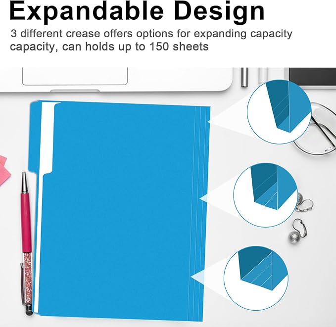 File Folder, RAZCC 150 Pack 1/3 Cut Tab File Folders Letter Size, Blue, Colored Folders with Tab Great for Organizing and Easy File Storage