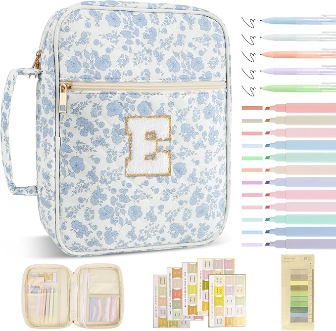 Personalized Initial Bible Cover Case for Women Girls Kid - Large Quilted Bible Case with Handle, Stylish Chenille Letter Bag Study Supplies, Perfect Christmas Gifts for Christians (Blue Flower-E)