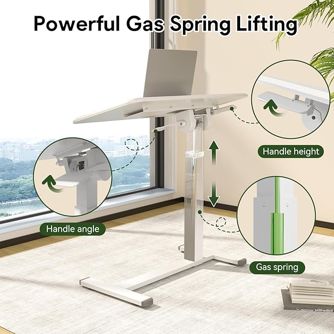 Rolling Laptop Desk, 180° Tiltable Mobile Standing Desk Height Adjustable, Overbed Bedside Table, Portable Computer Desk with Wheels, Foldable Laptop Cart for Home Office, White