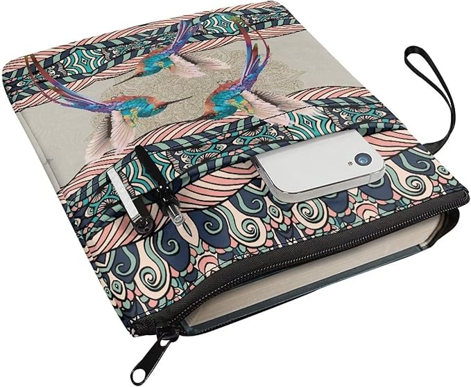 COEQINE Aesthetic Hummingbirds Aztec Style Book Cover with Zipper and Handle for Portable Travel Accessories Washable Fashion Book Lovers Book Protection Pouch