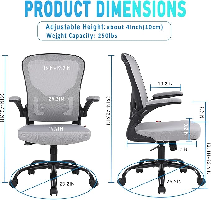Flysky Ergonomic Office Desk Chair Breathable Mesh Swivel Computer Chair, Lumbar Back Support Task Chair, Grey Office Chairs with Flip-up Arms, Adjustable Height Executive Rolling Chair