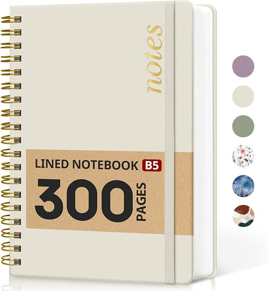 Lined Spiral Notebook Journal for Work, 300 Pages Thick B5 (7.1"x10") College Ruled Journal for Women & Writing, Hardcover Notebook for Note Taking, Perfect for Office Home School Supplies, Grey Beige