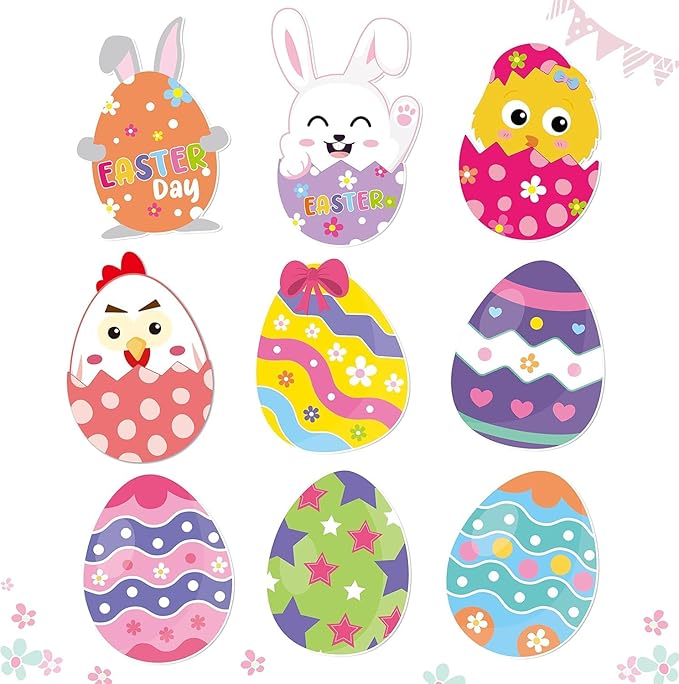BeYumi 45Pcs Easter Egg Cutouts Bulletin Board Decoration Set Colorful Bunny Chick Decals Stickers DIY Cardstock Paper Cutout Happy Easter Egg Hunt Game Party Supplies Decor for Classroom Bedroom