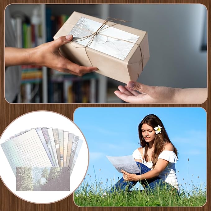 TaoBary 160 Packs Stationery Paper Set (50 Double Sided Stationery Writing Papers 50 Matching Envelopes) 60 Round Dot Sticker, 10 Design (8.5 x 11 Inch,Natural Scenery)