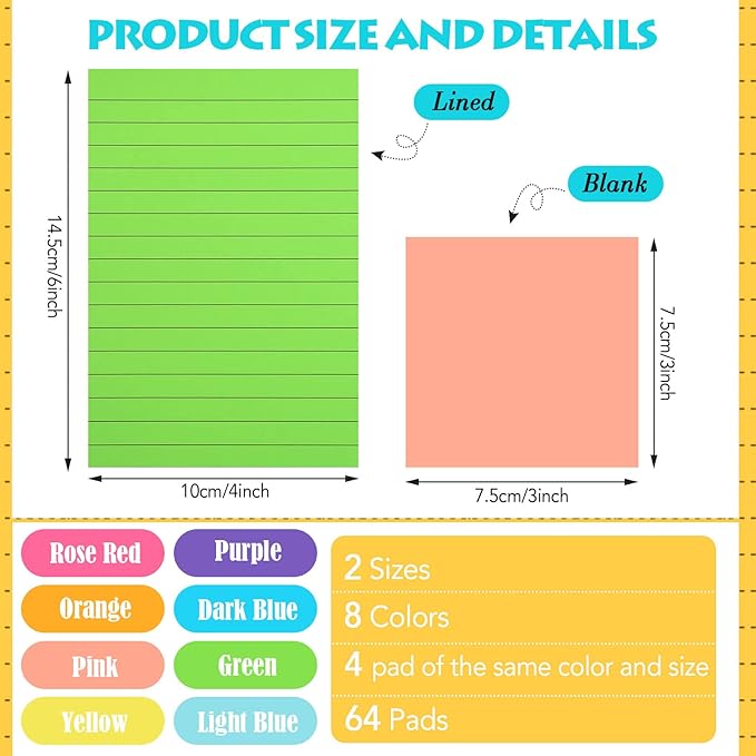 Yexiya 64 Pcs Lined Sticky Notes Self Stick Notes with Lines Bright Assorted Colors Sticky Notes for Home Office Products Post Memos, 1920 Sheets(4 x 6 Inch, 3 x 3 Inch,Stylish Color)