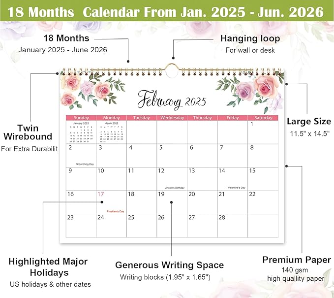 2025 Calendar - 2025 Wall Calendar, January 2025 - June 2026, 14.5" x 11.5", 18 Monthly Wall Calendar 2025-2026, Twin-Wire Binding + Hanging Hook + Thick Paper, Floral