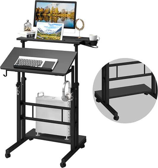 Klvied Mobile Standing Desk with Storage Bottom Shelf, Portable Stand Up Desk with Cup Holder, Adjustable Height Small Standing Desk, Rolling Desk with Wheels, Home Office Laptop Cart, Black