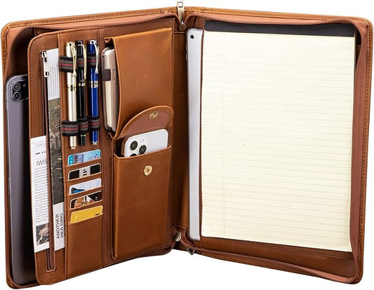 Handmade Crazy-Horse Leather Padfolio Portfolio, Easy to Carry with A Zippered Closure, Business Organizer Tablet Folio Folder with Letter Size Notepad, Gift for Women & Men (Brown, Upgraded version)
