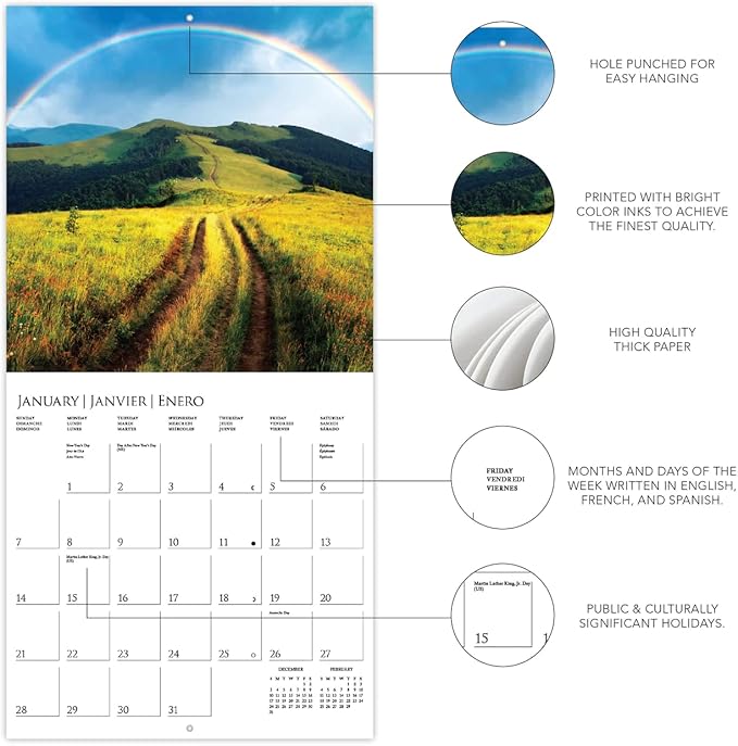 Graphique 2024 Chasing Rainbows Wall Calendar | 12” x 12” | Thick Paper | Home & Office Organizer | Large Monthly Grid | 3 Languages & Marked Holidays | 4 Month Preview Page for 2025