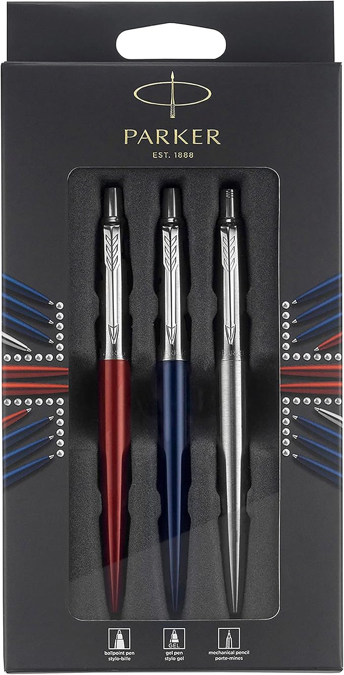 Parker Jotter London Trio Discovery Pack: Ballpoint Pen (Royal Blue), Gel Pen (Red Kensington) & Mechanical Pencil (Stainless Steel)