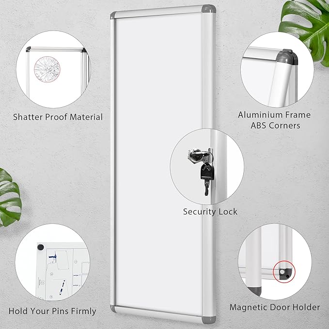 Swansea Lockable Display Cabinet Whiteboard Magnetic Display Cabinet with Aluminium Frame 98 x 36 cm