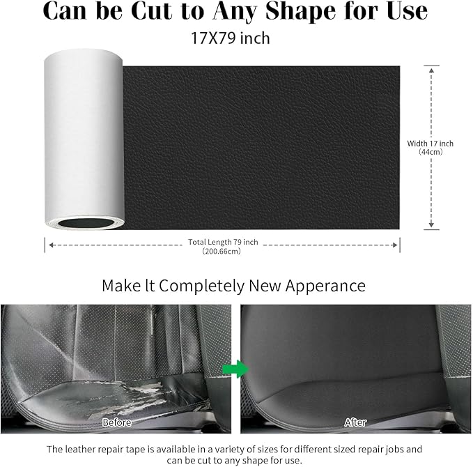 CHEIGHY Self Adhesive Leather Repair Patch for Furniture - 17x79 inch Leather Repair Kit for Couches, Sofa, Vinyl, Car Seats, Chairs, Shoes (Black)