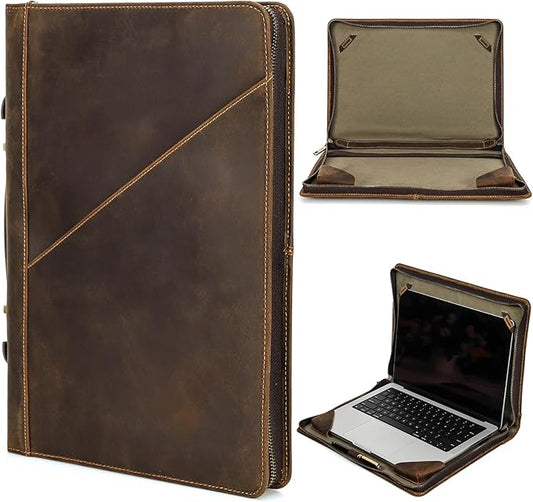 Top Grain Leather 14.2" Slim Laptop Zipper Folio Case, 2 Pockets Design, Compatible with MacBook Air 13" M2 A2681 M1 A2337 A2179 A1932/Pro 13" M2 M1 A2338 A2251 A2289 A2159, Coffee 14.2 Inch