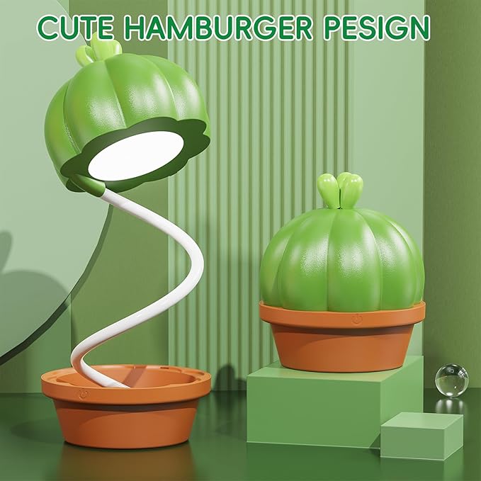 Cute Desk Lamp for Kids, Cactus Small Desk Lamps with Dimmable Touch,Rechargeable Kawaii Desk Lamp Nursery Night Lights, Desk Accessories Kawaii Room Decor for Kid Gifts (Green Cactus Lamp)