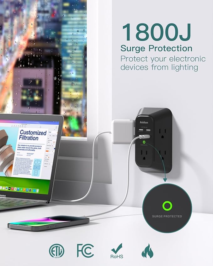 Surge Protector Outlet Extender, Addtam Multi Plug Wall Outlet with 4 USB Ports(1 USB-C), 3-Sided 1800J Power Strip Plug Extension Outlet Splitter, Black