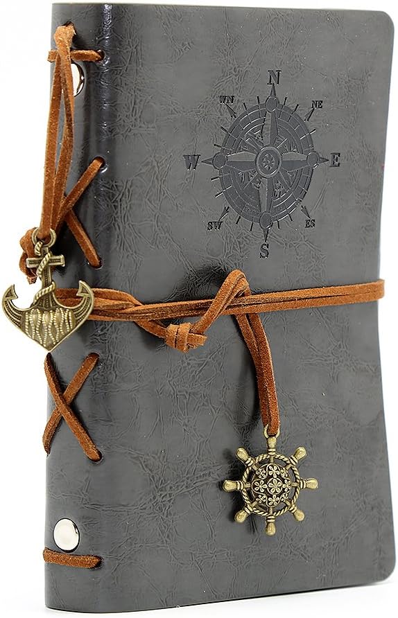 EvZ Leather Writing Journal Notebook, 5 Inches Vintage Nautical Spiral Blank String Diary Notepad Sketchbook Travel to Write in, Unlined Paper, Retro Pendants, Classic Embossed, Grey