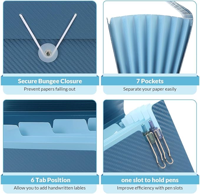 SKYDUE Accordion File Organizer, Expanding File Folder with 7 Pockets, Portable Receipt Paper Documents Organizer, Letter Size Filing Folder School Office Supplies Dark Blue Darkblue