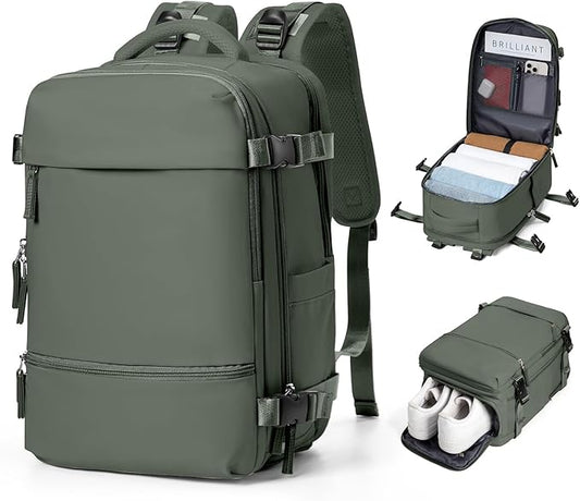 Travel Backpack Simple Durable Carry On Backpack with Shoe Compartment, Personal Item Travel Bag Flight Approved, Water Resistant Laptop Backpack for Women Men Weekender Business, Sage Green