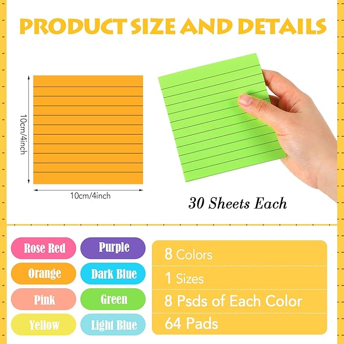 Yexiya 64 Pcs Lined Sticky Notes Self Stick Notes with Lines Bright Assorted Colors Sticky Notes for Home Office Products Post Memos, 1920 Sheets(4 x 4 Inch,Chic Color)