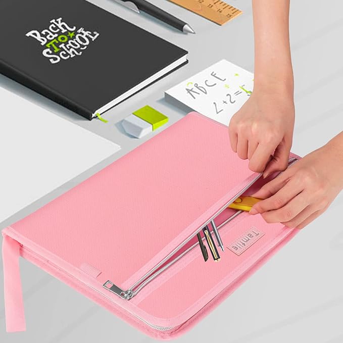Fireproof Safe Accordion File Organizer Bag Folder,Waterproof Expanding Filing Folder with 14 Pockets, A4 Letter Size, Document Organizer Holder and Color Labels /2 Zipper (Pink 14.3" x 9.8")