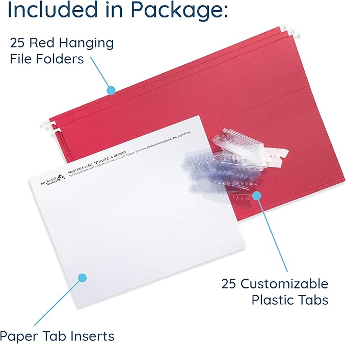 25 Blue Summit Supplies Legal Size Hanging File Folders - Red Hanging File Folders with Plastic Tabs and Inserts, Durable 11pt Paper, 25 Pack