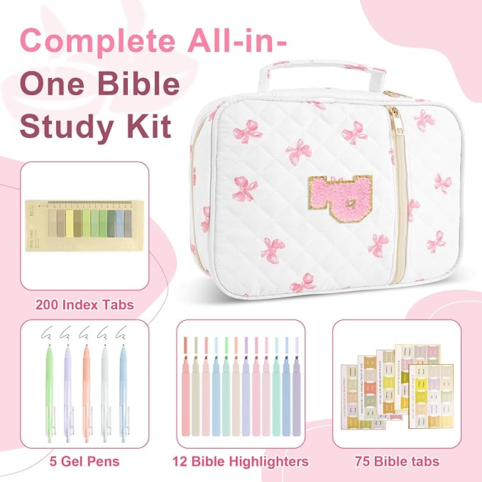 Personalized Initial Bible Cover Case for Women Girls Kid - Large Quilted Bible Case with Handle, Stylish Chenille Letter Bag Study Supplies, Perfect Christmas Gifts for ChristiansWomen (Pink Bow-P)