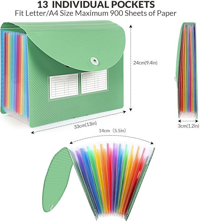 SKYDUE File Organizer, 12 Pockets Accordian File Organizer, Letter Size Expanding File Folder with Colored Tabs and Expandable Cover Portable Bill Receipt Organizer Green