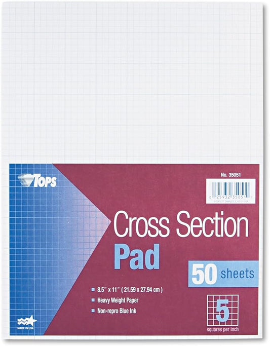 TOPS Cross Section Pad, 1 Pad, 5 Squares/Inch, Quadrille Rule, Letter Size, White, 50 Sheets/Pad, 1 Pad (35051)