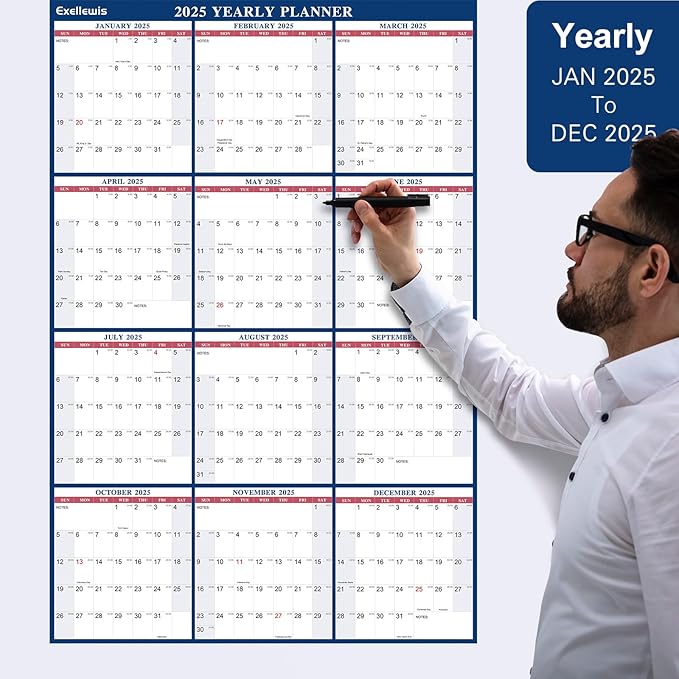 2025 Wall Calendar 32"x48" Wet & Dry Erase Calendar for Wall - Large Yearly Planner 12 Months, 2-Sided Reversible Horizontal Vertical Calendar January to December for Home Office School