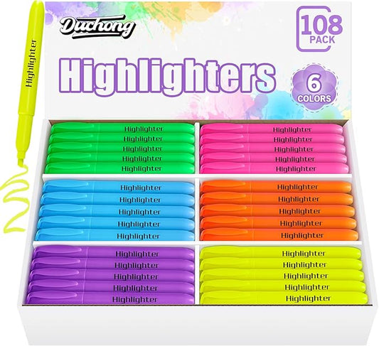 Duchong 108 Count Highlighters, Chisel Tip Dry-Quickly Highlighter Markers, Assorted Colors Highlighters Bulk Pack for Adult Kids, Office Classroom Must Have, School Supplies for Teachers
