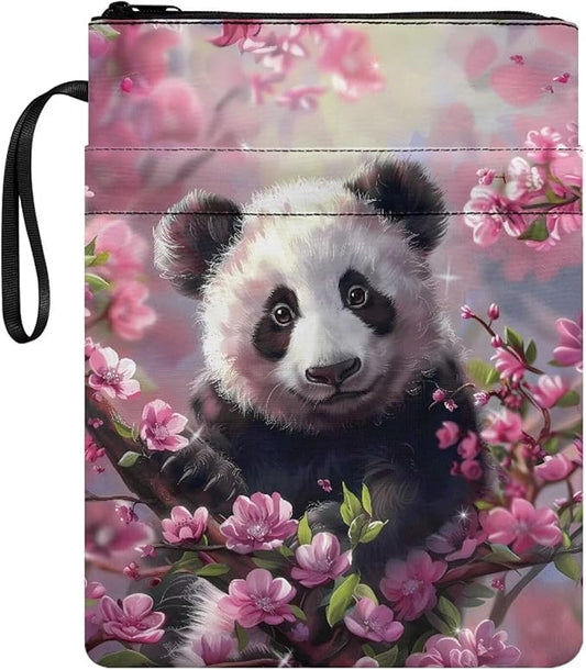COEQINE 9"x11" Book Covers for Hardcover Cute Panda Animal Book Sleeves with Zipper Book Cover for Book Lovers Book Pouch Book Protctor Pouch Book Covers for Hardcover Washable Pink Cherry Blossom