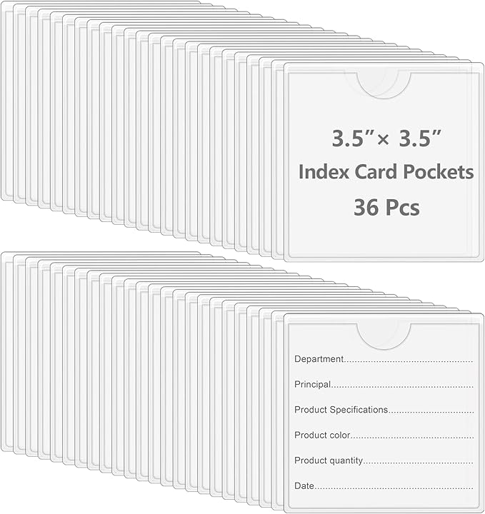 36 Pack Adhesive 3.5" x 3.5" Index Card Pockets with Top Open for Loading, Clear Plastic Labels Holders for Storage Bins Library Card Totes Shelves