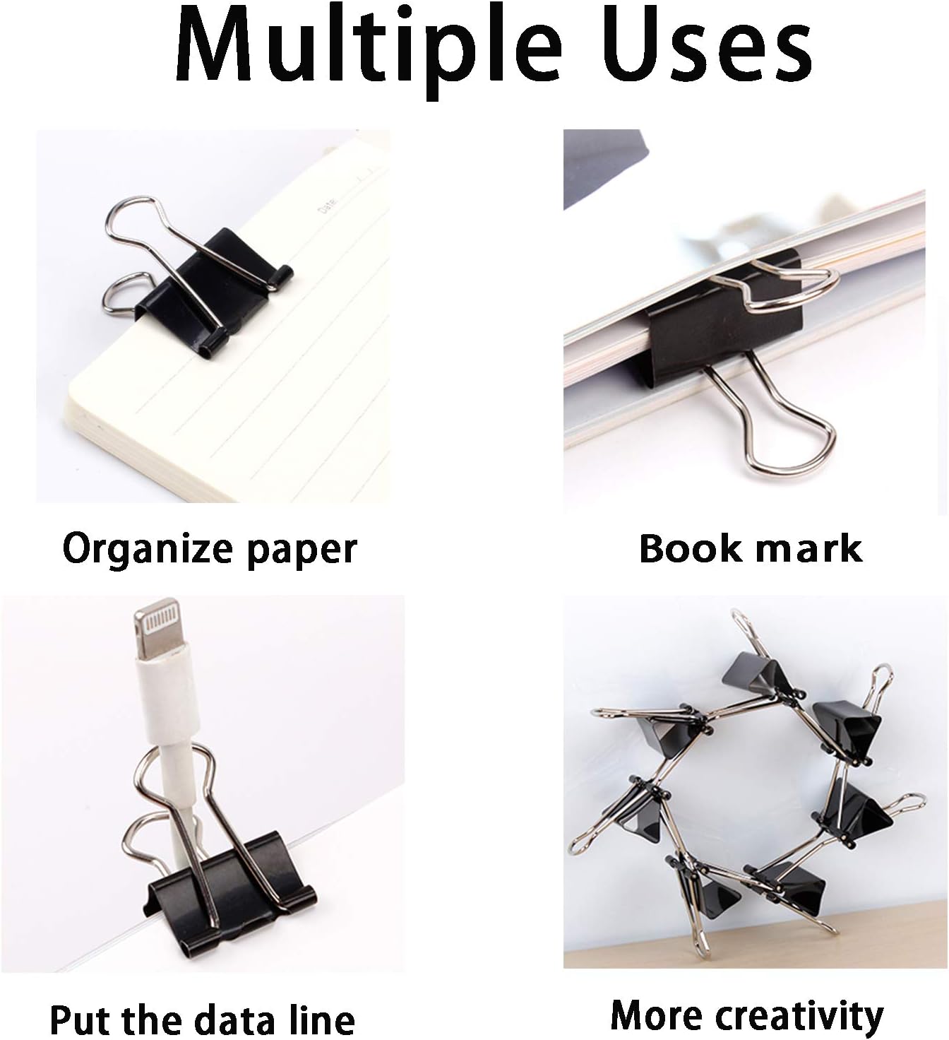 Large Binder Clips 1.6 Inch (60 Pack), Big Binder Clips for Office and Home Supplies, Black