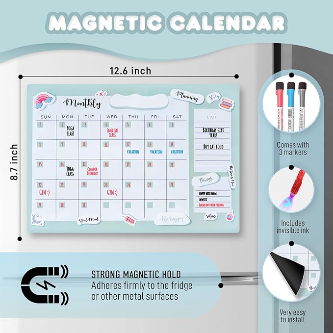 DAYLINDGO Magnetic Refrigerator Calendar - Magnetic Fridge Calendar 12.6" x 8.7" 3 Markers & 1 Invisible Ink & Grocery List Dry Erase Magnet Calendar for Fridge Kitchen Organization, Shipped Flat