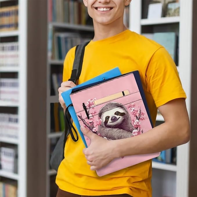 COEQINE Sloth Book Sleeve for Women Pink Cherry Blossom Book Covers for Hardcover Paperbacks Front Pocket Zipper Book Cover Case