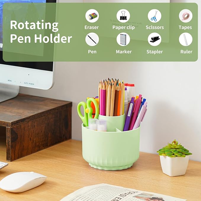 Marbrasse Desk Organizer, 360-Degree Rotating Pen Pencil Holder for Desk, Desk Organizers and Accessories with 5 Compartments Pencil Organizer, Art Supply Storage Box Caddy for Office, Home(Green)