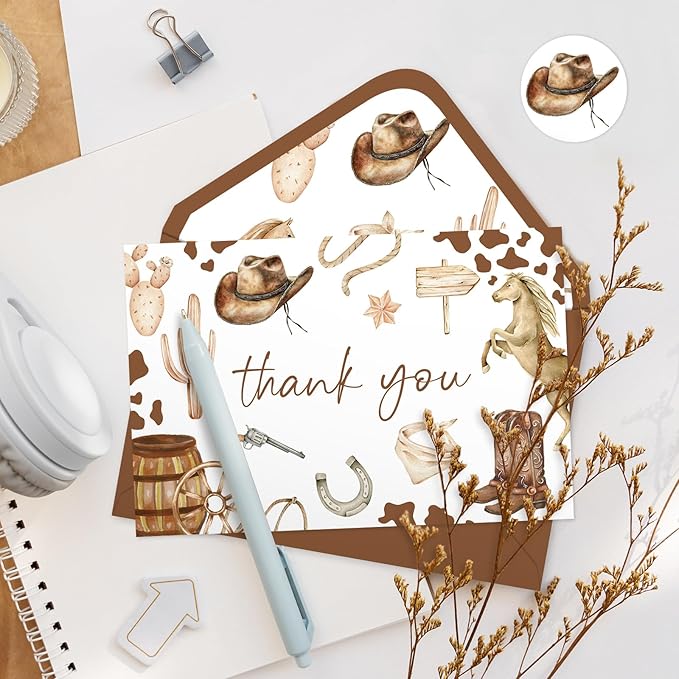 24 Pack Western Cowboy Thank You Cards Brown Cowboy Hat Boots Horse Note Cards with Envelopes Stickers Greeting Blank Cards for Birthday Baby Shower