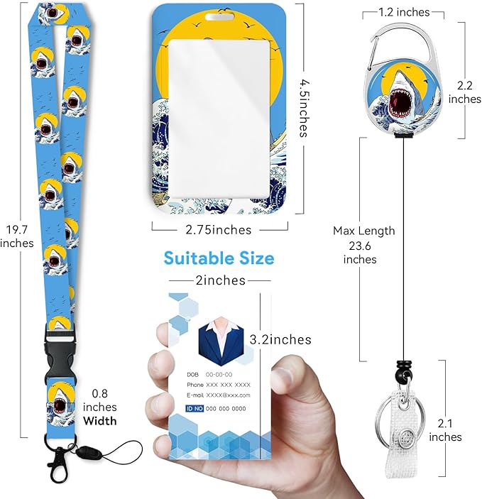 Shark Badge Holder with Retractable Reel and Breakaway Lanyard，Badge Clips Retractable Heavy Duty Badge Reel，Funny Keychain，ID Holder with Breakaway Lanyard for School Nurse Office Teen
