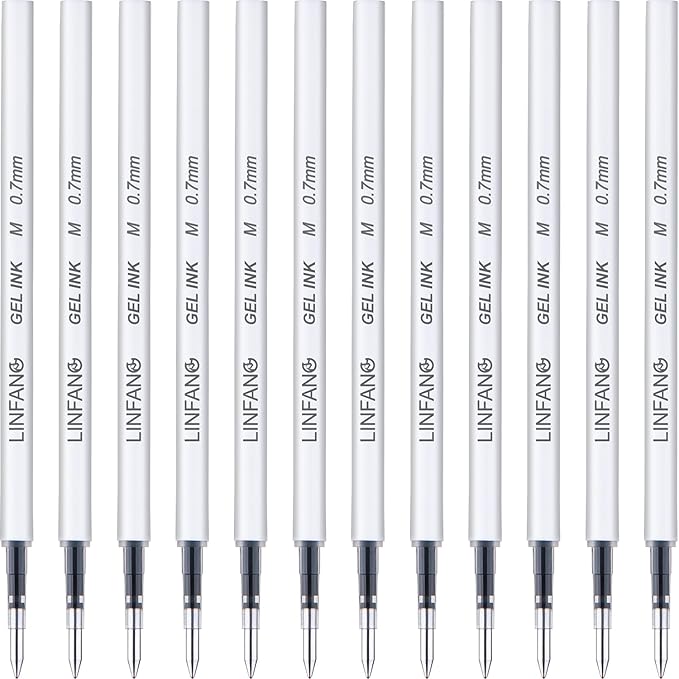 Black Gel Pens Refills, 12 Pack Retractable Gel Ink Pen Refills Bulk, Medium Point 0.7mm Tip Smooth Writing Quick Dry Gel Pen Refills for Journaling Writing School Office Supplies (12 Black 0.7mm)