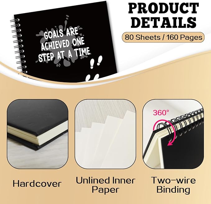 YAZMEEN Inspirational Blank Spiral Notebook（160 Pages） Goals are Achieved One Step at A Time Hardcover Sketchbook Encouragement Notebook Journal Funny Birthday Gift for Teen Teacher Student Coworker