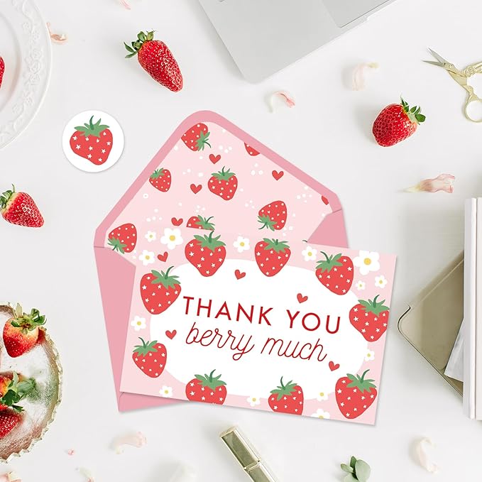 Whaline 50 Packs Strawberry Thank You Cards Red Pink Strawberry Flower Greeting Cards Blank Note Cards Boxed with Envelopes and Stickers for Birthday Baby Shower, 4 x 6 Inch
