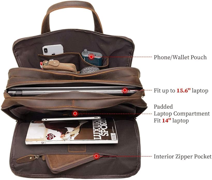 Polare Modern Attaché Style 15.7" Full Grain Italian Leather Laptop Business Briefcase for Men