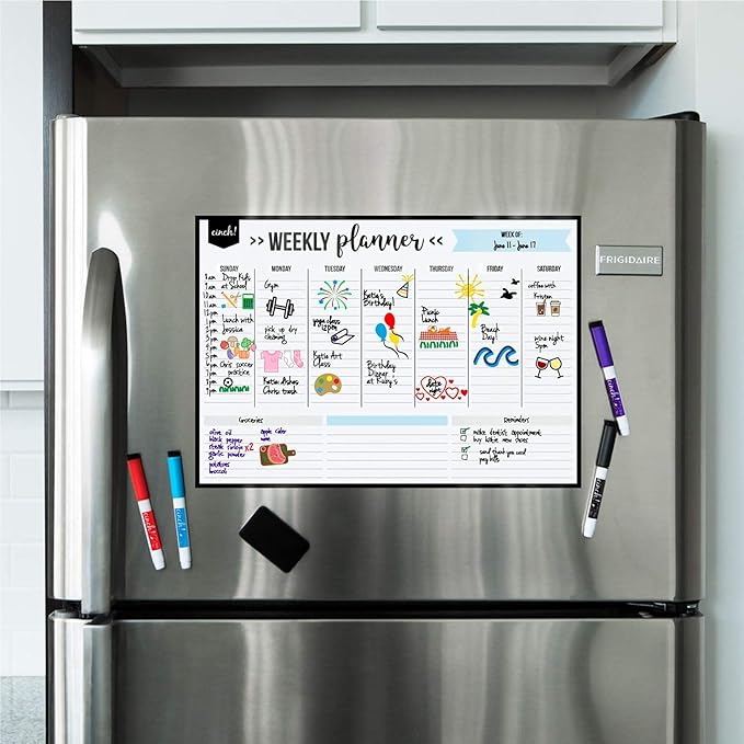 Cinch! 19x13-Inch Magnetic Whiteboard for Fridge - Weekly Calendar and Meal Planner - Stain Resistant Dry Erase Board with 4 Fine Tip Markers and Eraser - Magnetic Weekly Planner for Easy Scheduling