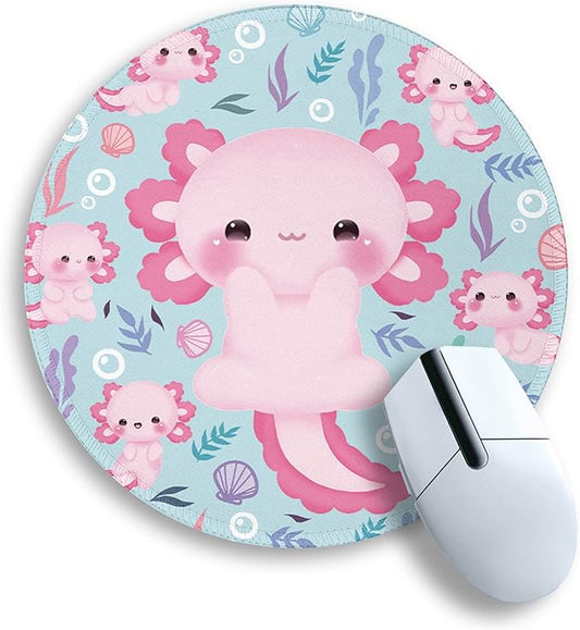 Cute Axolotls Round Mouse Pad, Small Mousepad for Laptop Gaming Women, with Stitched Edge Non-Slip Rubber Base, Cute Home Office Decor Desk Accessories Office Supplies Gift for Women Teen Girls