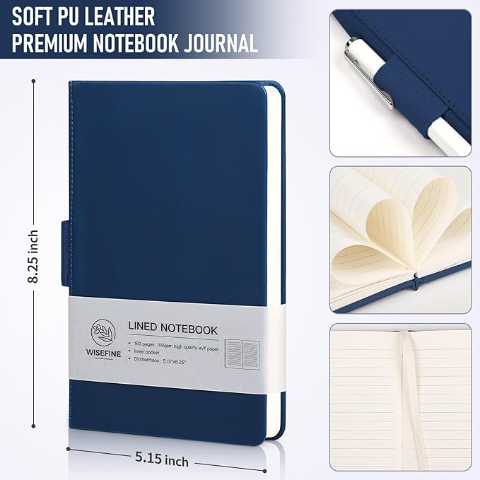 Hardcover Executive Notebooks, 160 Pages Line Ruled Classic Notebook Journal, Leather Notebooks with Pen Loop for Bussiness College Writing (Dark blue)