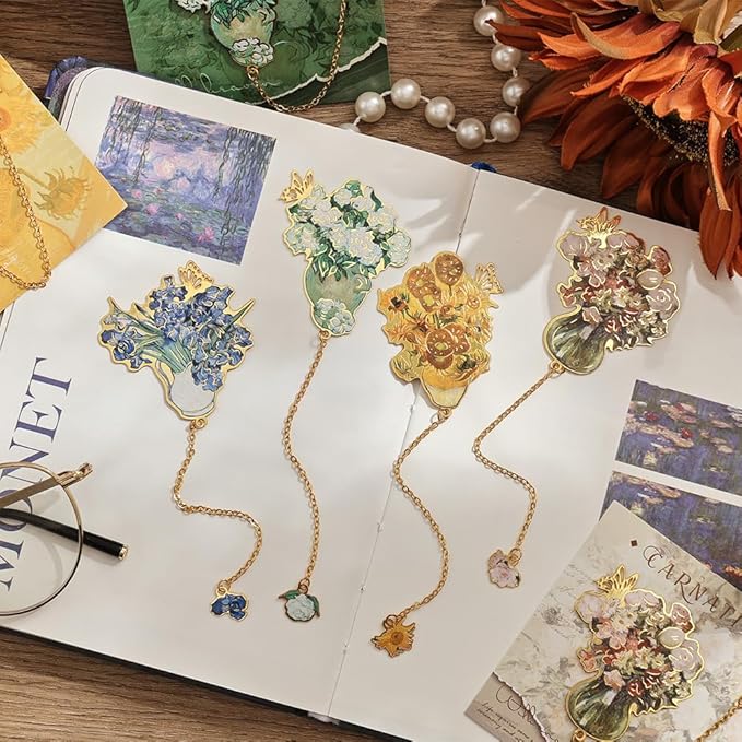 4 Pieces Metal Bookmarks with Tassel, Golden Hollow Bookmark Monet Van Gogh Oil Painting Theme Book Mark Bookmarks for Book Lovers Writers Readers Children Teens for Women